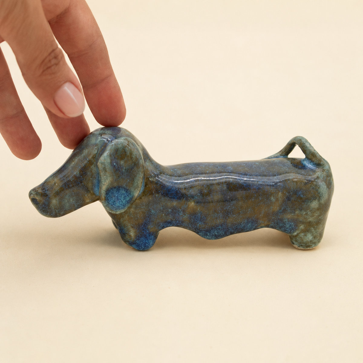 Handmade Petrol Blue Dachshund Stoneware Sculpture