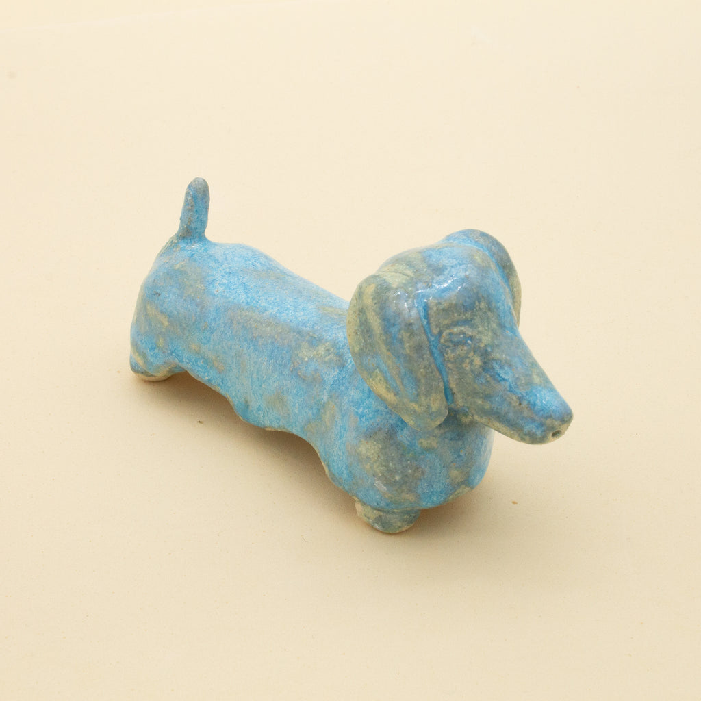 Handmade Blue Dachshund Stoneware Sculpture